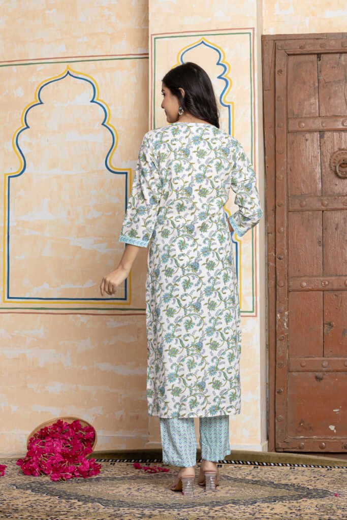 Floral Embroidered Cotton Kurta Pant Dupatta Set