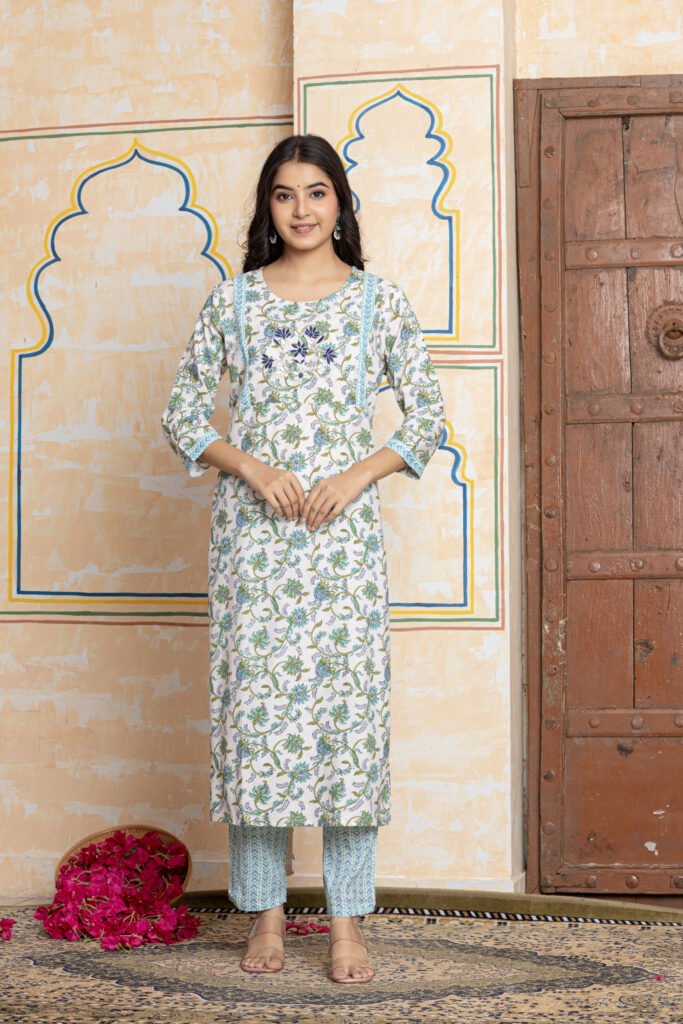 Floral Embroidered Cotton Kurta Pant Dupatta Set
