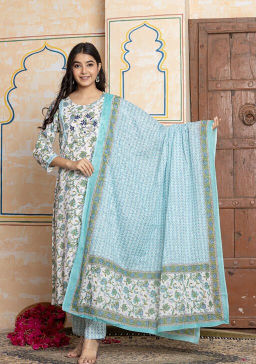 Floral Embroidered Cotton Kurta Pant Dupatta Set
