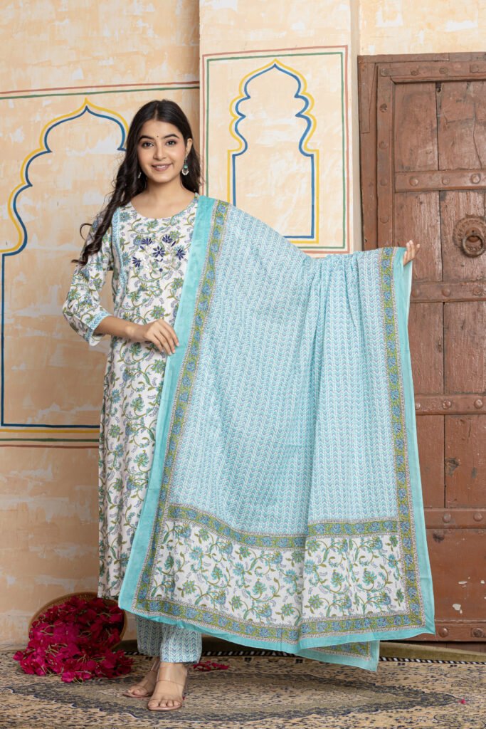 Floral Embroidered Cotton Kurta Pant Dupatta Set