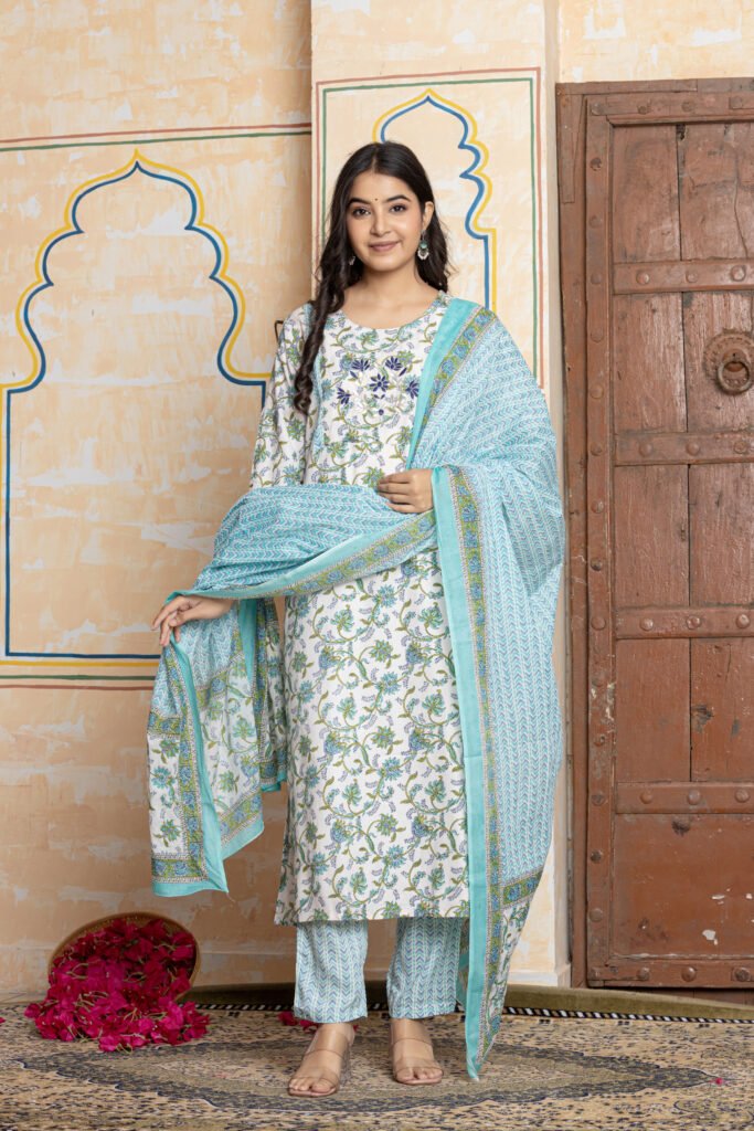 Floral Embroidered Cotton Kurta Pant Dupatta Set