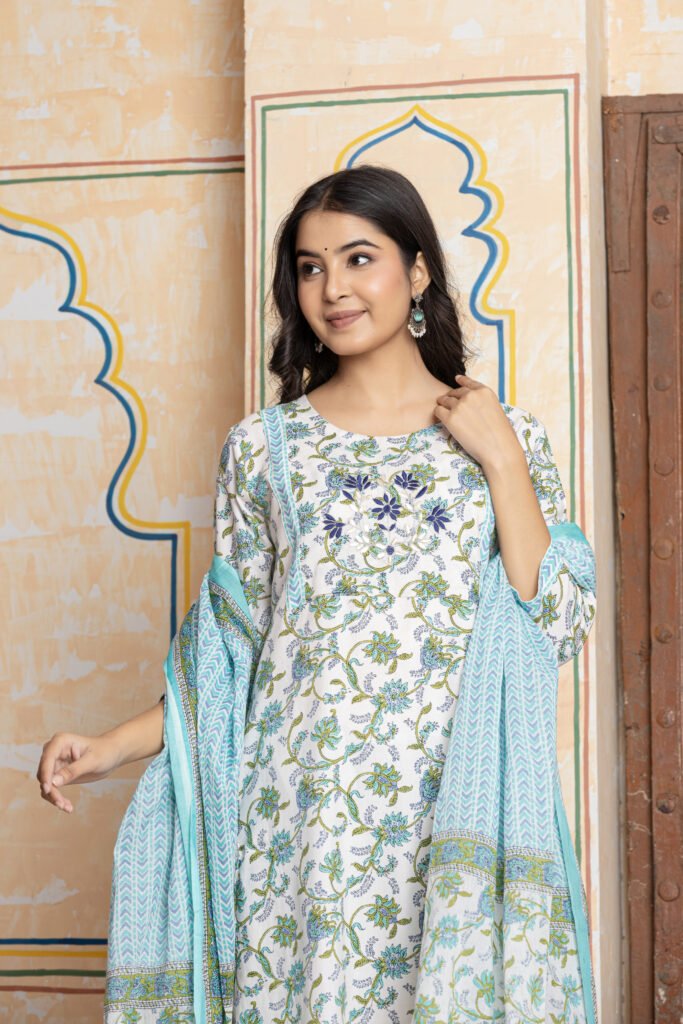 Floral Embroidered Cotton Kurta Pant Dupatta Set