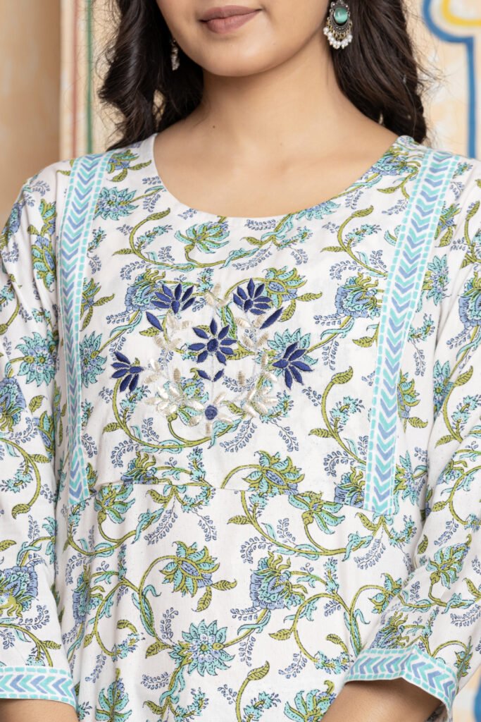 Floral Embroidered Cotton Kurta Pant Dupatta Set