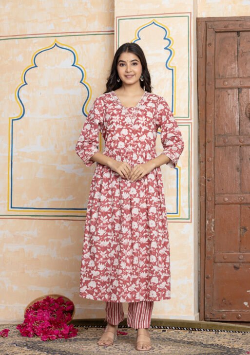 Floral Printed Anarkali Cotton Kurta Pant Dupatta Set