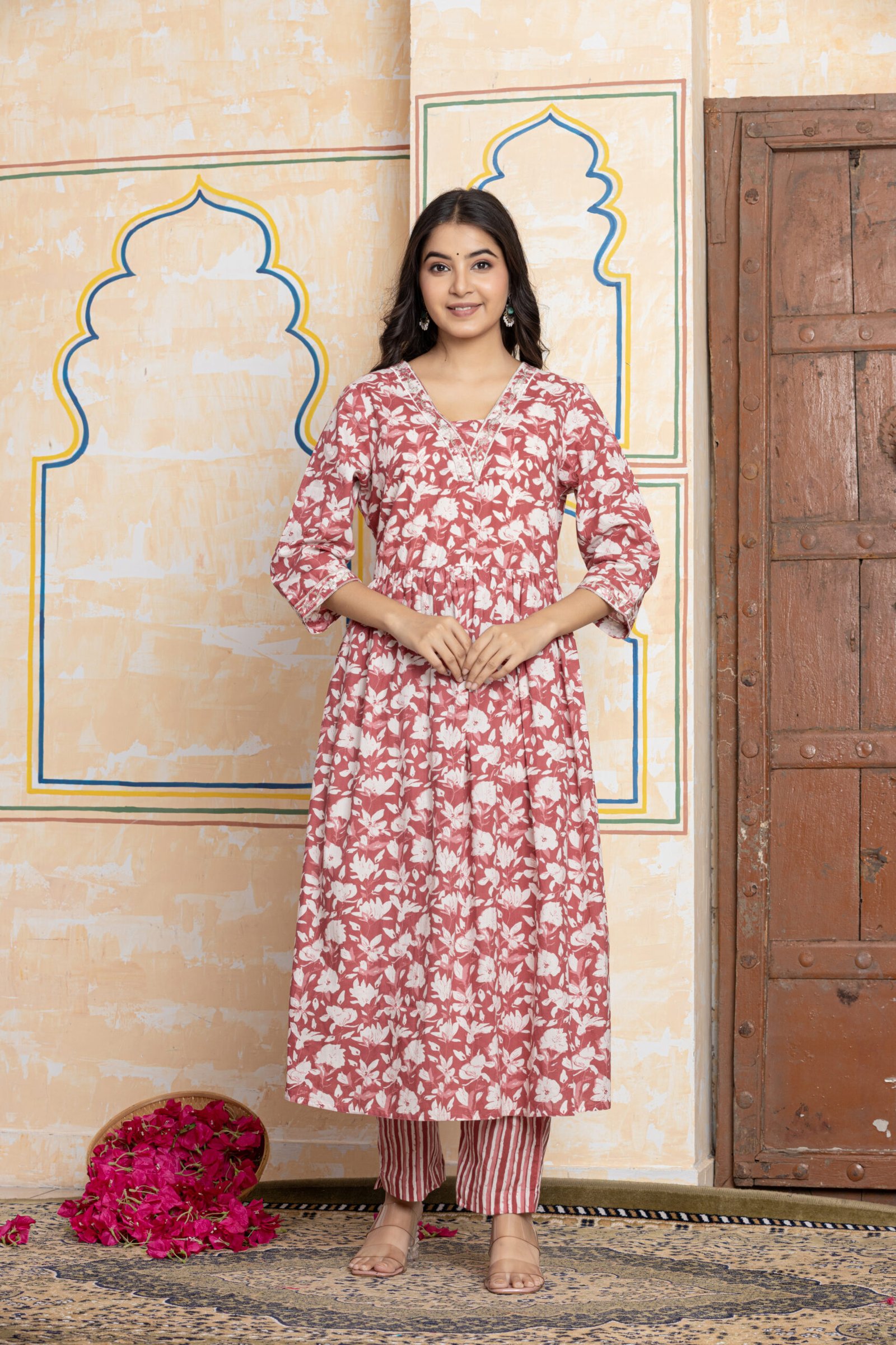 Floral Printed Anarkali Cotton Kurta Pant Dupatta Set