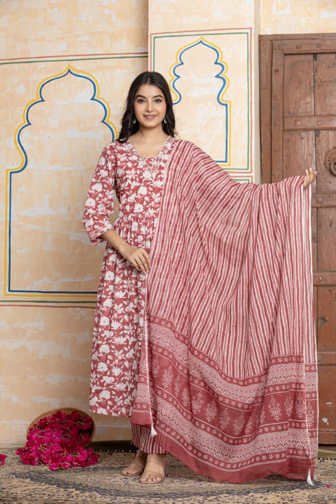 Floral Printed Anarkali Cotton Kurta Pant Dupatta Set