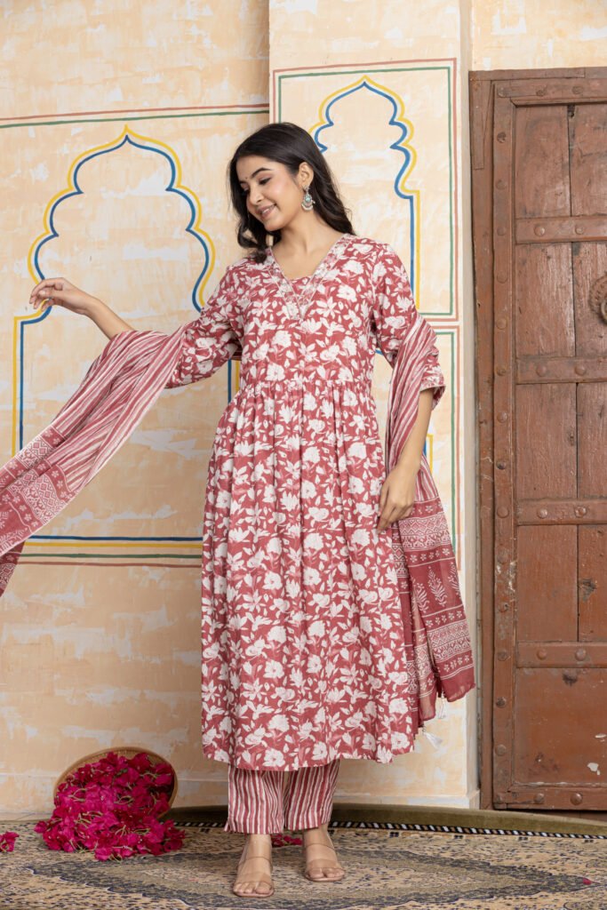 Floral Printed Anarkali Cotton Kurta Pant Dupatta Set