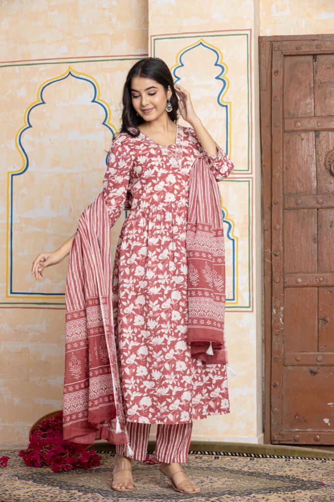 Floral Printed Anarkali Cotton Kurta Pant Dupatta Set