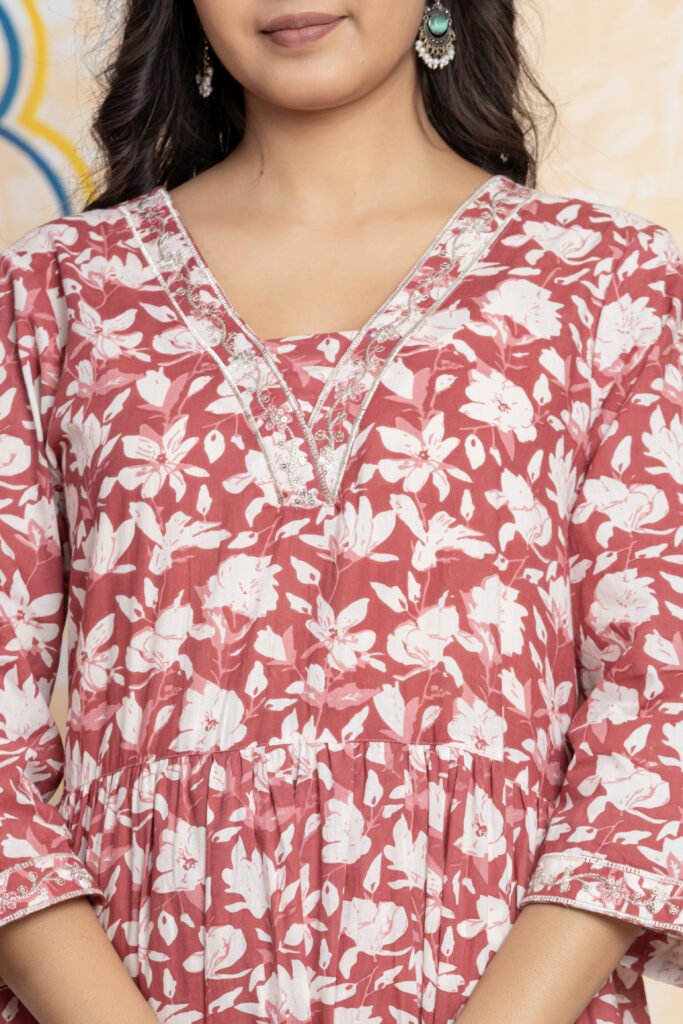 Floral Printed Anarkali Cotton Kurta Pant Dupatta Set
