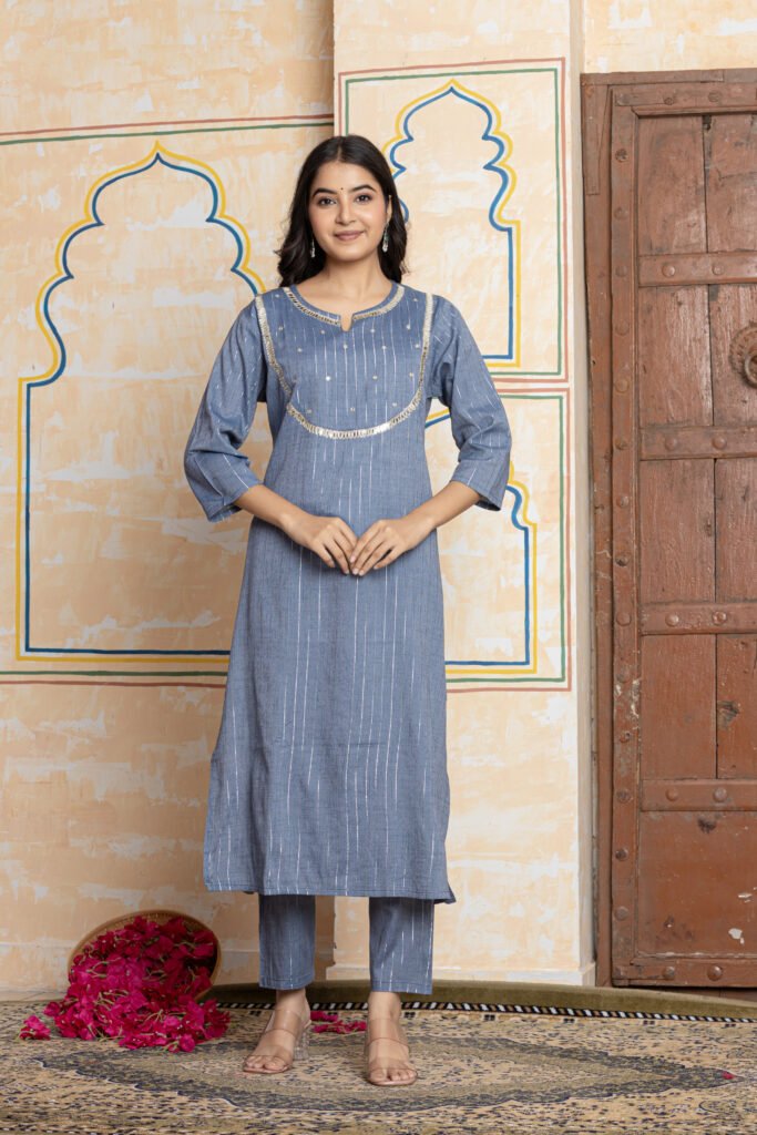 Striped Sequin Work Cotton Kurta Pant Dupatta Set