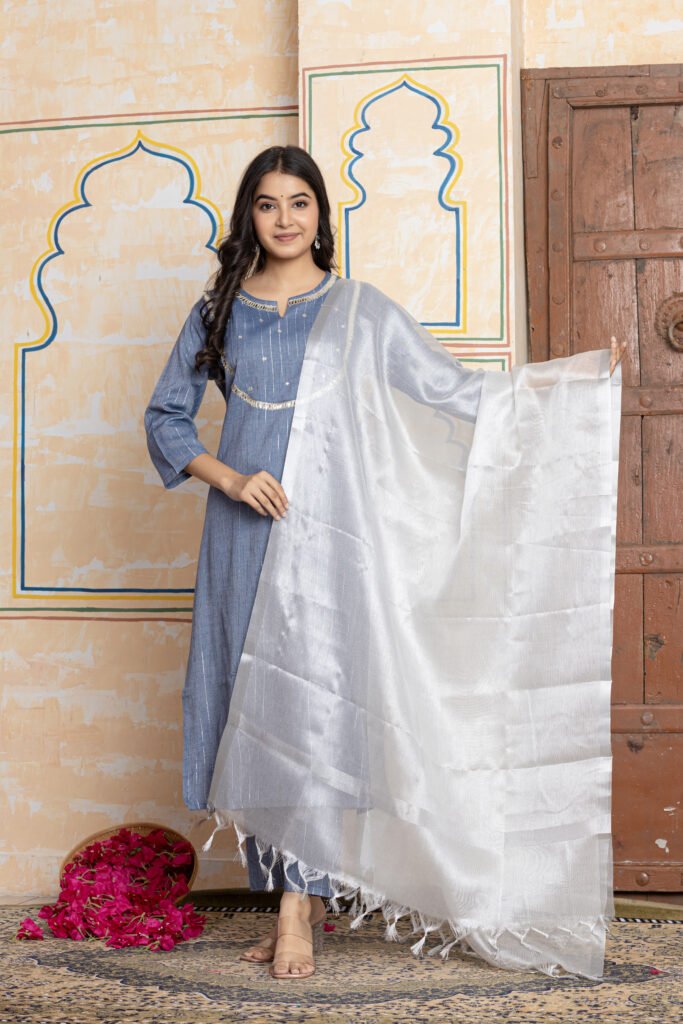 Striped Sequin Work Cotton Kurta Pant Dupatta Set