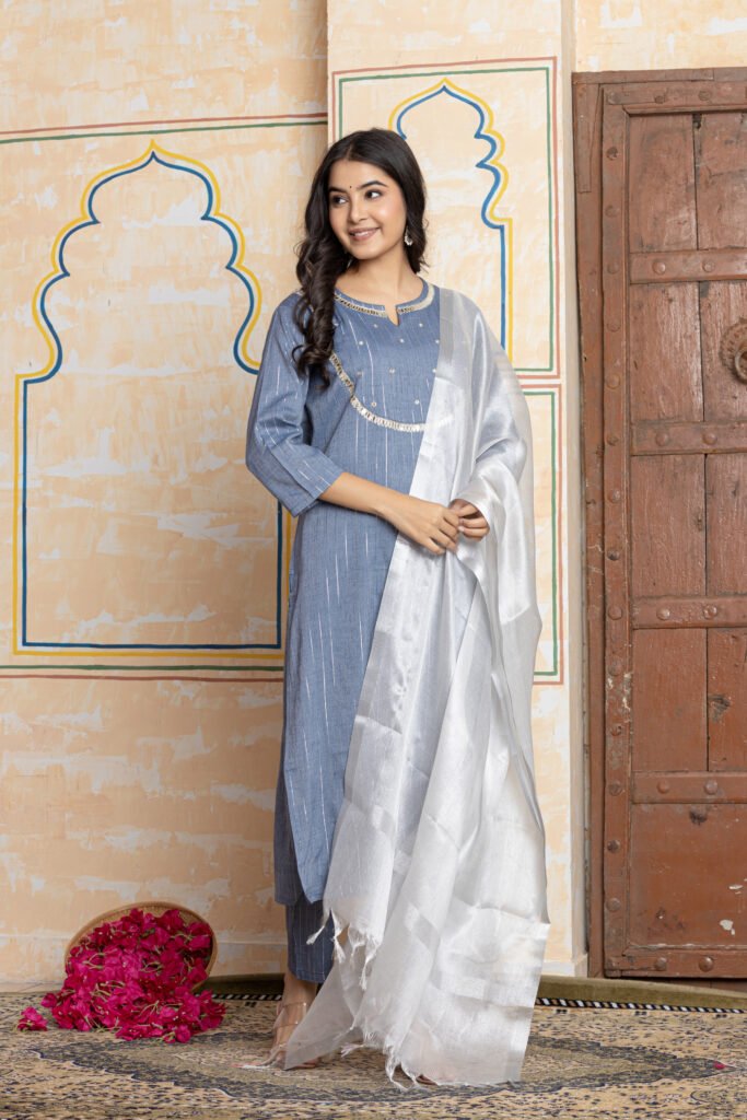 Striped Sequin Work Cotton Kurta Pant Dupatta Set