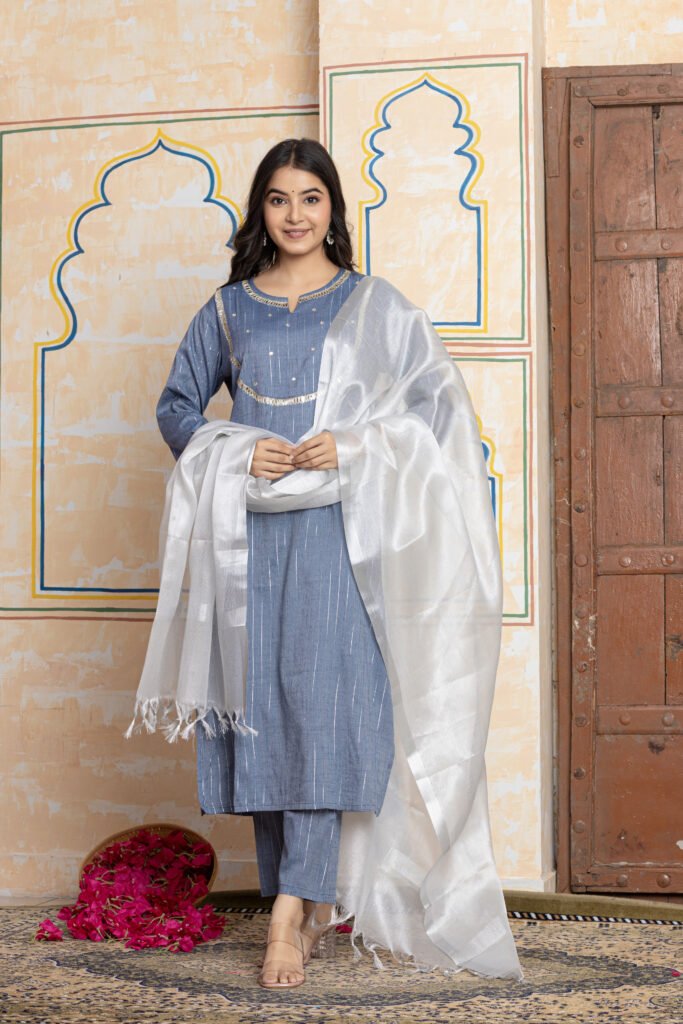 Striped Sequin Work Cotton Kurta Pant Dupatta Set