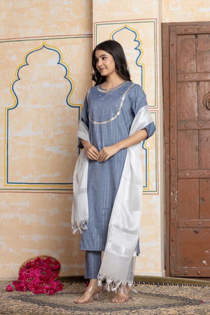 Striped Sequin Work Cotton Kurta Pant Dupatta Set