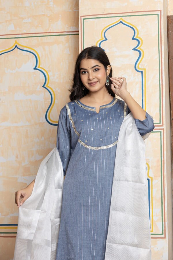 Striped Sequin Work Cotton Kurta Pant Dupatta Set