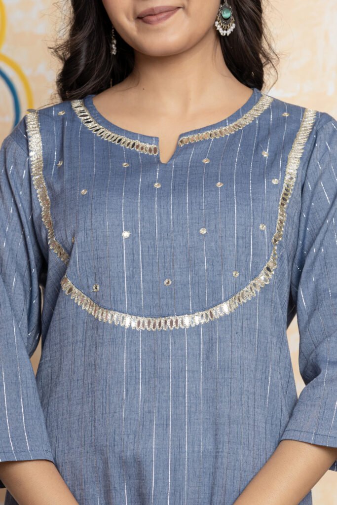 Striped Sequin Work Cotton Kurta Pant Dupatta Set
