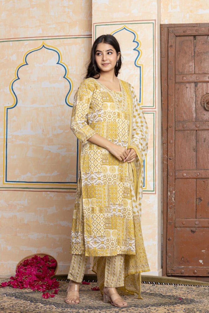 Patchwork Print Pure Cotton Kurta Pant Dupatta Set