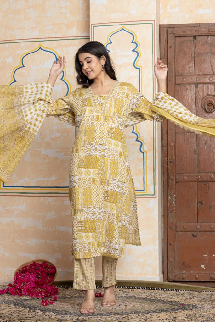 Patchwork Print Pure Cotton Kurta Pant Dupatta Set