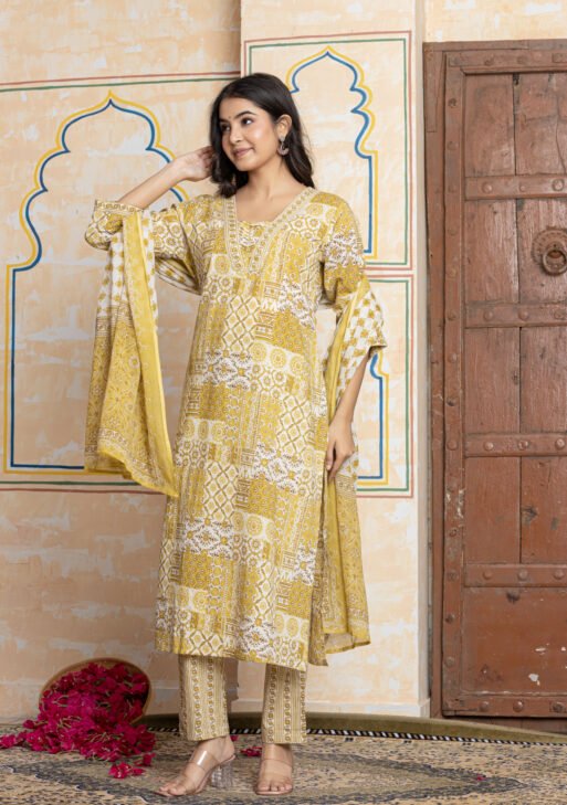 Patchwork Print Pure Cotton Kurta Pant Dupatta Set