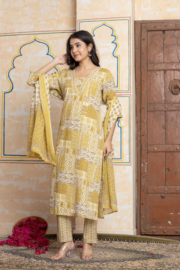 Patchwork Print Pure Cotton Kurta Pant Dupatta Set