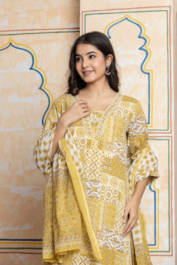 Patchwork Print Pure Cotton Kurta Pant Dupatta Set