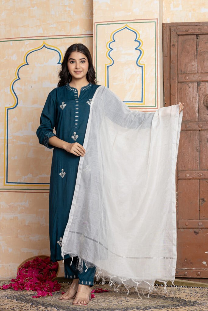 Embroidered Cotton Kurta Pant Dupatta Set