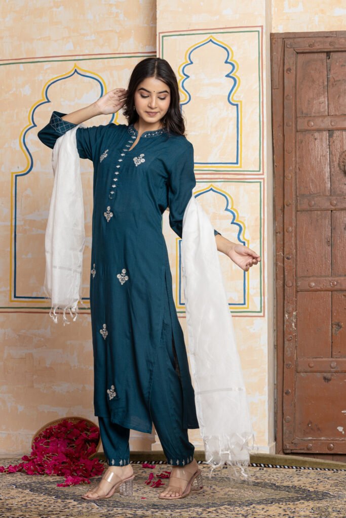 Embroidered Cotton Kurta Pant Dupatta Set