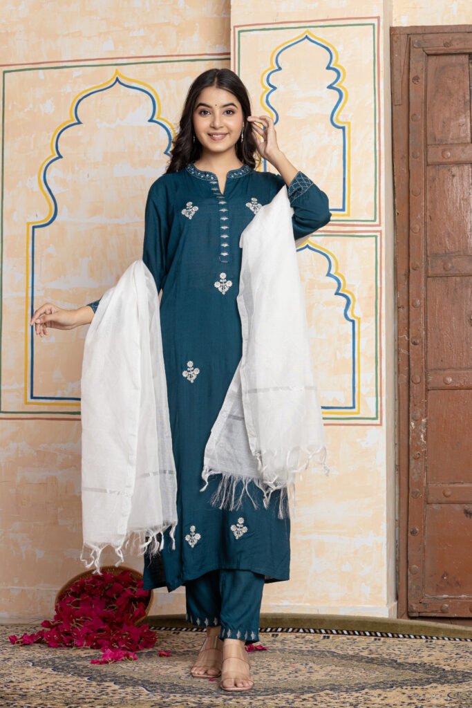 Embroidered Cotton Kurta Pant Dupatta Set