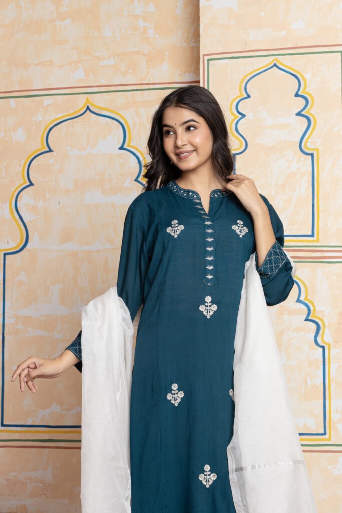 Embroidered Cotton Kurta Pant Dupatta Set
