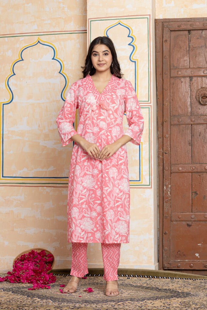 Pink & White Floral Print Cotton Kurta Pant Dupatta Set