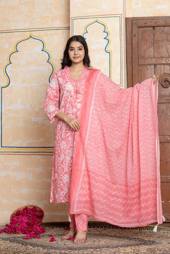 Pink & White Floral Print Cotton Kurta Pant Dupatta Set