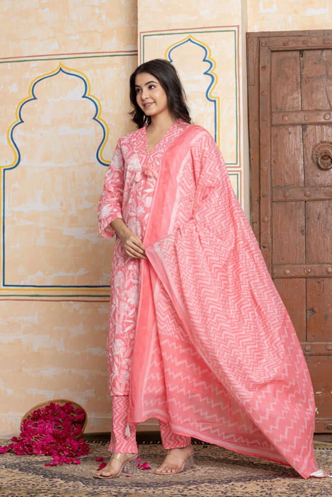 Pink & White Floral Print Cotton Kurta Pant Dupatta Set