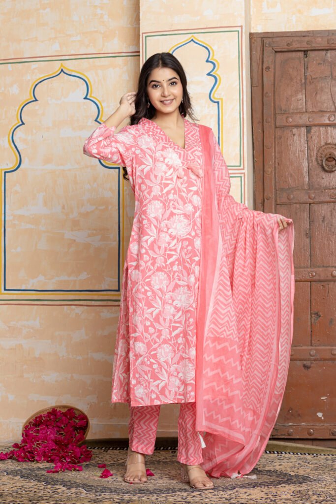 Pink & White Floral Print Cotton Kurta Pant Dupatta Set