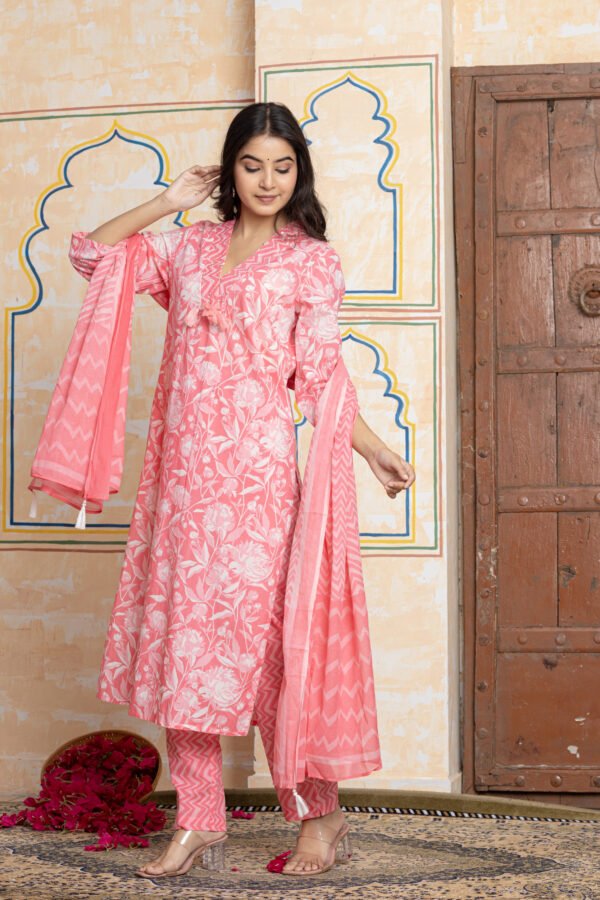 Pink & White Floral Print Cotton Kurta Pant Dupatta Set