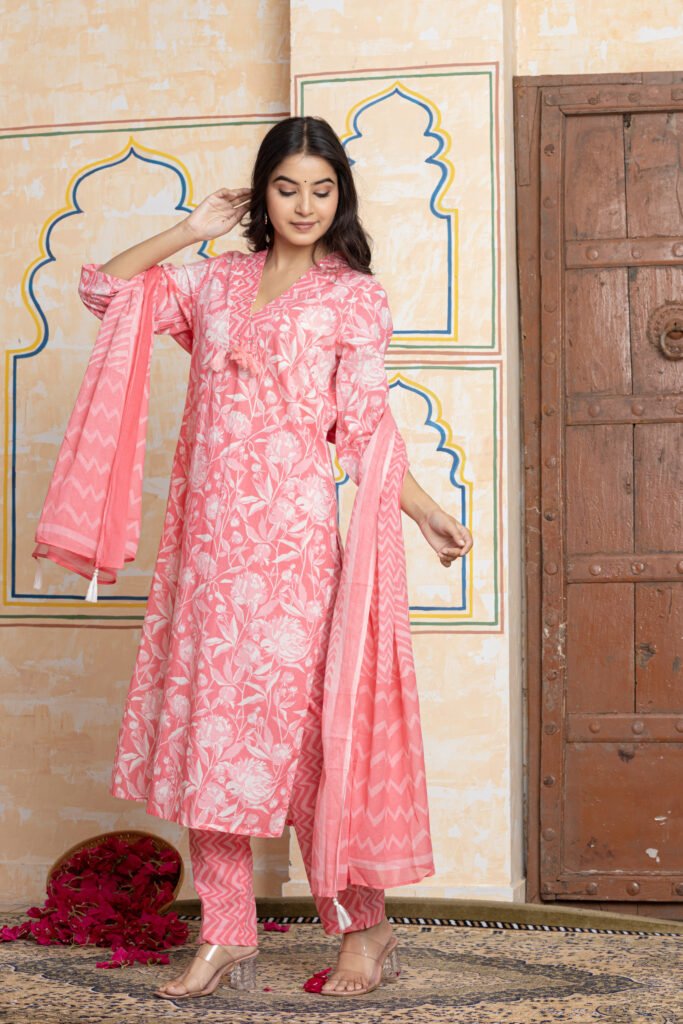 Pink & White Floral Print Cotton Kurta Pant Dupatta Set