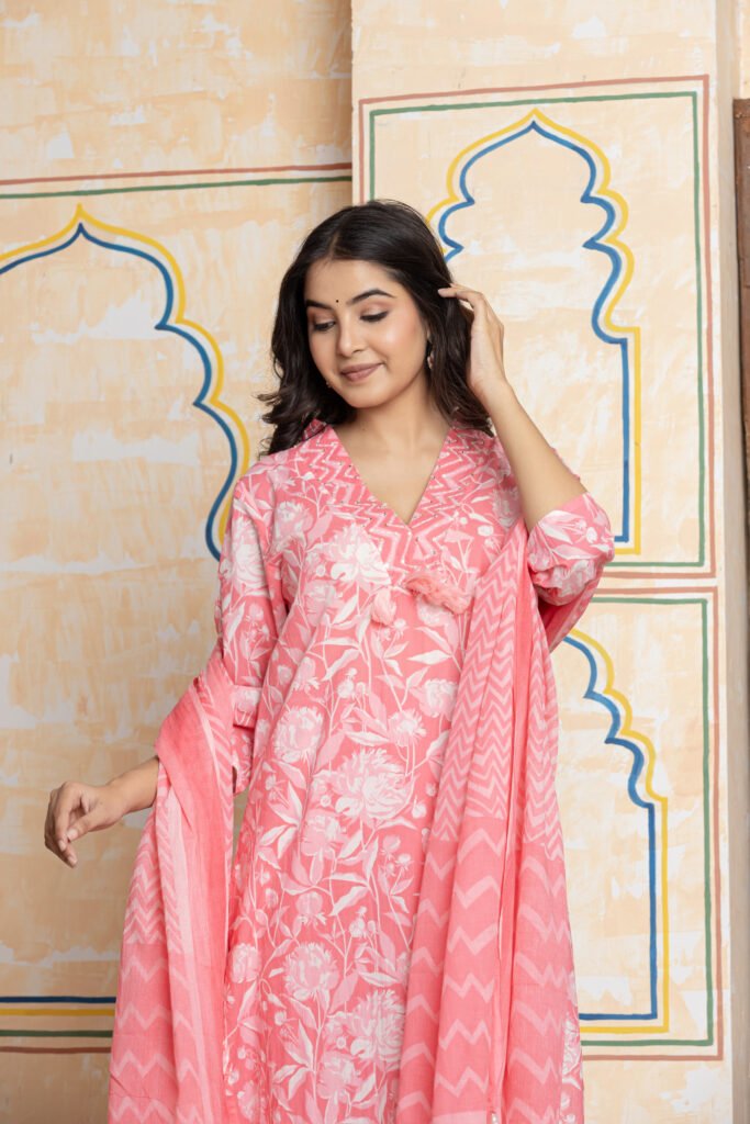 Pink & White Floral Print Cotton Kurta Pant Dupatta Set
