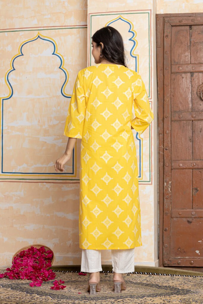 Yellow & White Geometric Embroidered Cotton Kurta Pant Dupatta Set