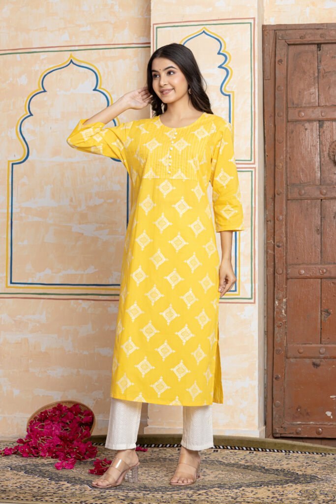 Yellow & White Geometric Embroidered Cotton Kurta Pant Dupatta Set