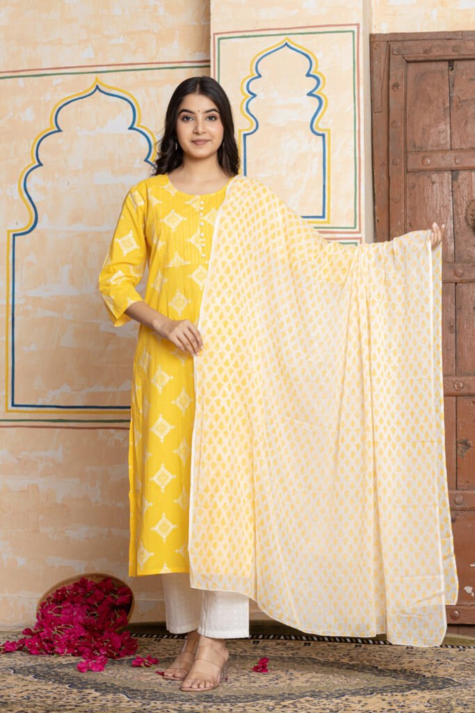 Yellow & White Geometric Embroidered Cotton Kurta Pant Dupatta Set