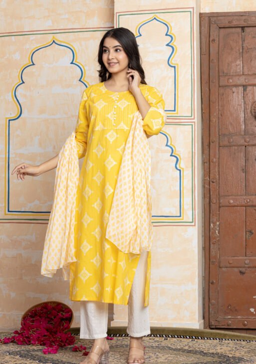 Yellow & White Geometric Embroidered Cotton Kurta Pant Dupatta Set