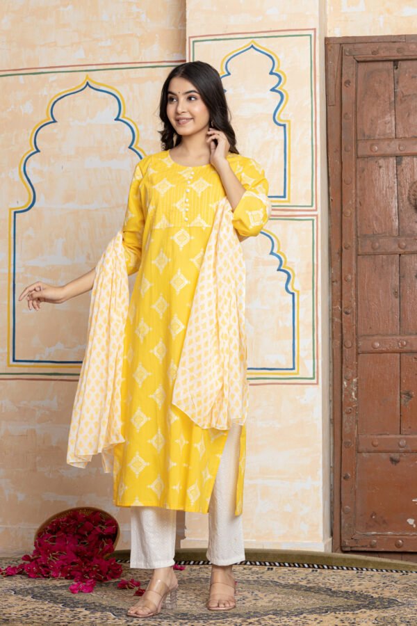 Yellow & White Geometric Embroidered Cotton Kurta Pant Dupatta Set
