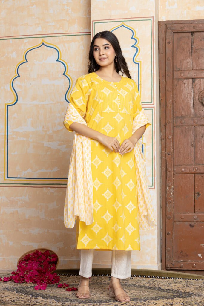 Yellow & White Geometric Embroidered Cotton Kurta Pant Dupatta Set