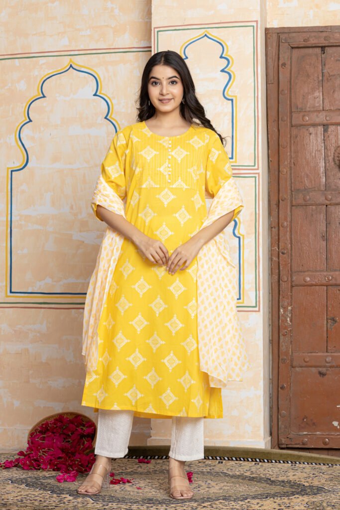 Yellow & White Geometric Embroidered Cotton Kurta Pant Dupatta Set