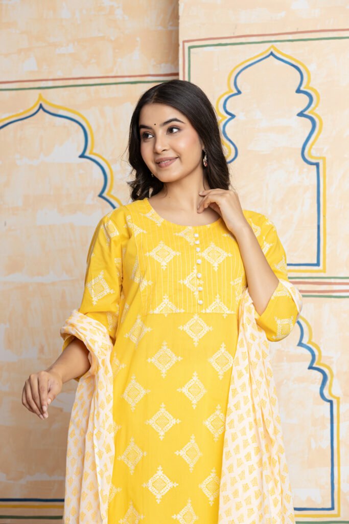 Yellow & White Geometric Embroidered Cotton Kurta Pant Dupatta Set