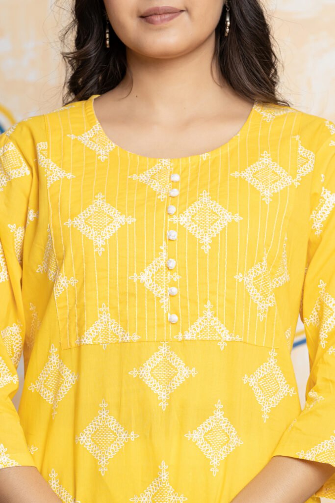 Yellow & White Geometric Embroidered Cotton Kurta Pant Dupatta Set