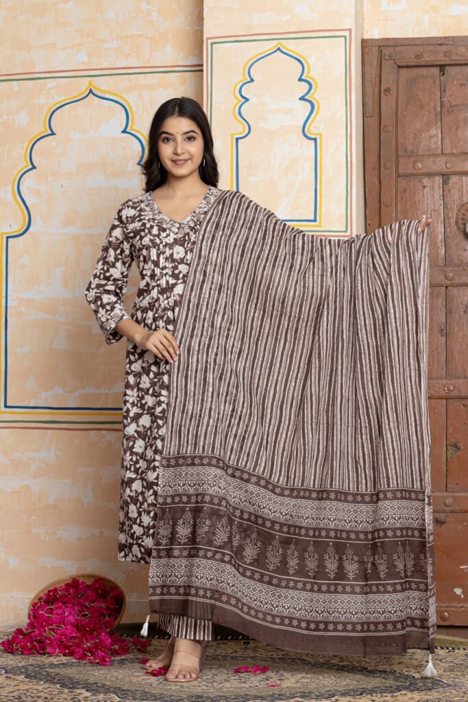 Print Embroidered Cotton Kurta Pant Dupatta Set
