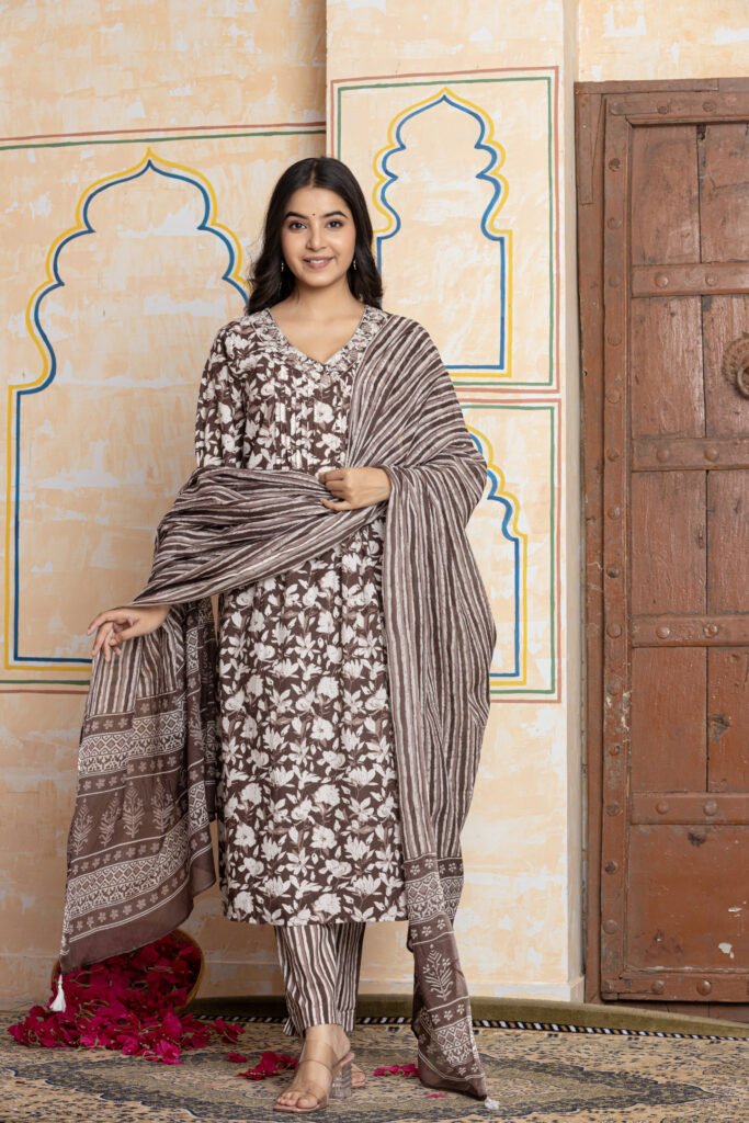 Print Embroidered Cotton Kurta Pant Dupatta Set