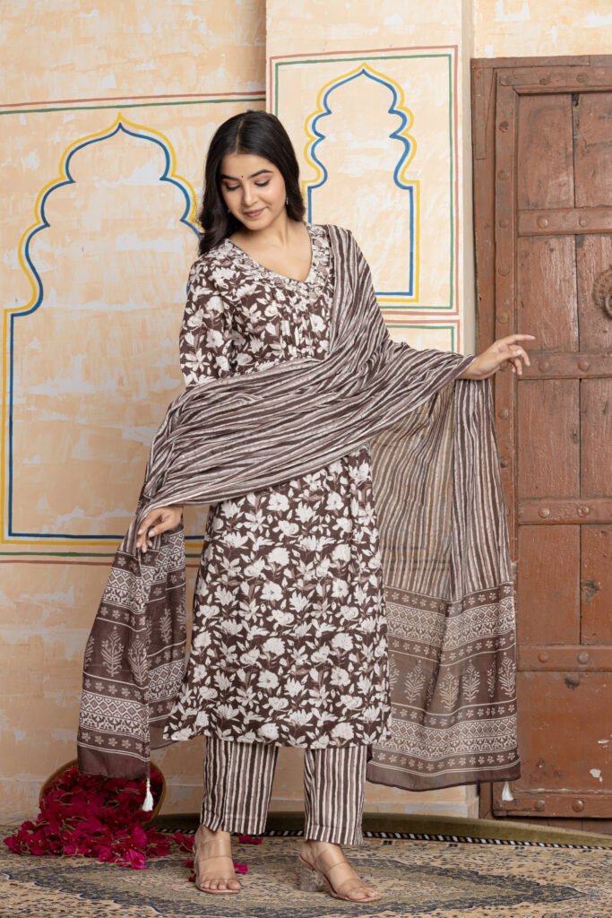 Print Embroidered Cotton Kurta Pant Dupatta Set