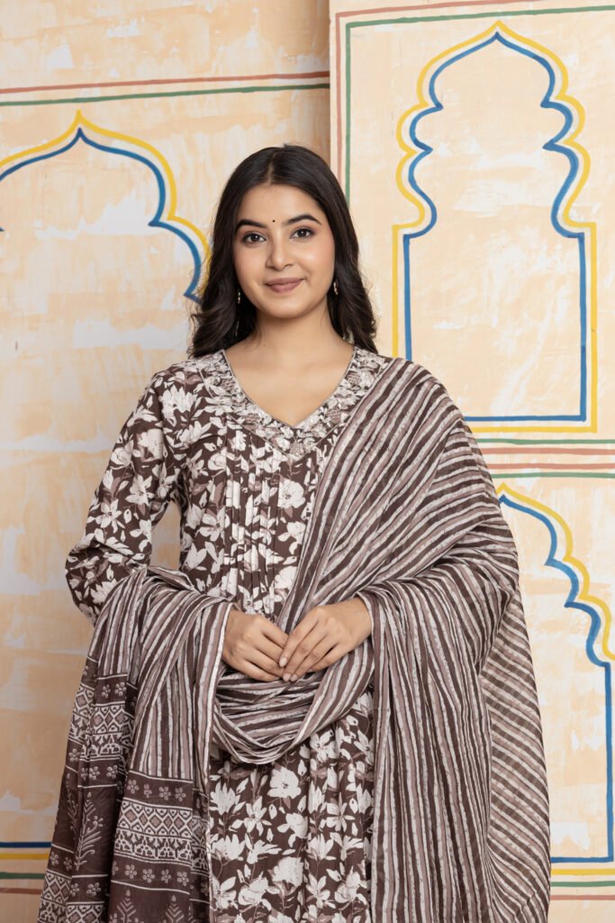 Print Embroidered Cotton Kurta Pant Dupatta Set