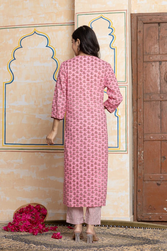 Block Print Cotton Kurta Pant Dupatta Set with Yoke Detailing